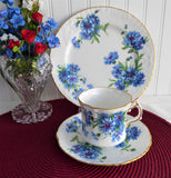 Hammersley England Blue Cornflowers Teacup Trio Gold Bone China 1970s Bachelors Buttons