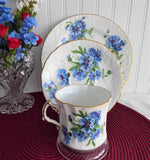 Hammersley England Blue Cornflowers Teacup Trio Gold Bone China 1970s Bachelors Buttons