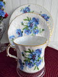 Hammersley England Blue Cornflowers Teacup Trio Gold Bone China 1970s Bachelors Buttons