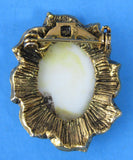 Pin Classical Women Ruffled Metal Frame Porcelain Oval In Gold Plated 1970s
