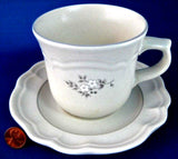 Cup And Saucer Pfaltzgraff USA Heirloom Gray And White Flowers Stoneware 1970s