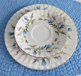 Royal Albert Brigadoon Teacup Trio Pink Blue Thistles Gold Trim 1970s Bone China