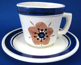 Stangl USA Wood Rose Cup And Saucer Brown And Blue Mid Century 1970s Retro