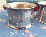 Wallace Baroque Pair Silver Plate Napkin Rings Boxed Repousse Floral 1970s