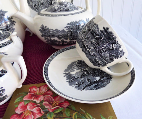 Wedgwood Cup And Saucer Lugano Black Transferware Italian Scene 1970s