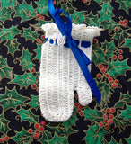 Christmas Tree Ornaments 2 Crocheted 1970s Picture Hat Mitten Victorian Style Blue Ribbon