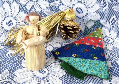 Christmas Ornament Ornaments 3 Hand Made 1970s Quilted Tree Cornhusk Girl Pineco