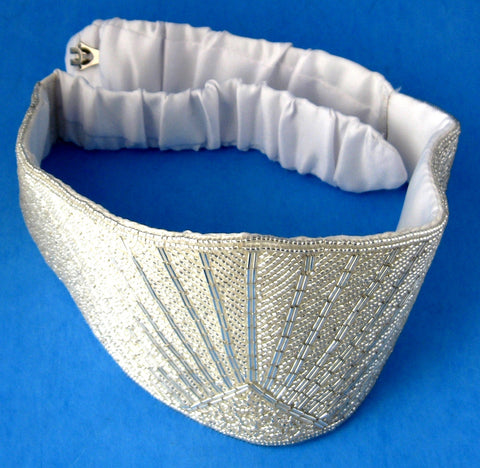 Belt 1970s Disco Satin Beaded Belt White Sunrise Adjustable Silver Crystal Beads
