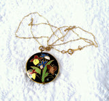 Black Cloisonne Enamel Necklace Iris Butterfly Pendant Double Sided With Chain