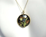 Black Cloisonne Enamel Necklace Iris Butterfly Pendant Double Sided With Chain