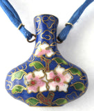 Blue Pendant Necklace Cloisonne Floral Hollow Bottle Silk Cord Blue Pink Vase Urn