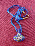 Blue Pendant Necklace Cloisonne Floral Hollow Bottle Silk Cord Blue Pink Vase Urn