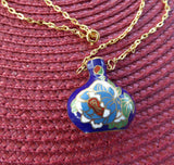 Blue Cloisonne Peony Pendant Necklace Hollow Bottle Vintage Attached Gold Plated