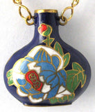 Blue Cloisonne Peony Pendant Necklace Hollow Bottle Vintage Attached Gold Plated