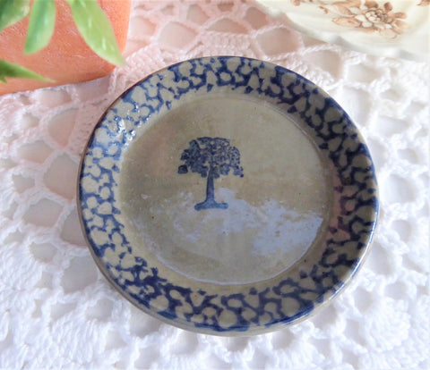Blue Sponge Decorated Tree Butter Pat Stoneware Teabag Caddy 1970s Small Plate