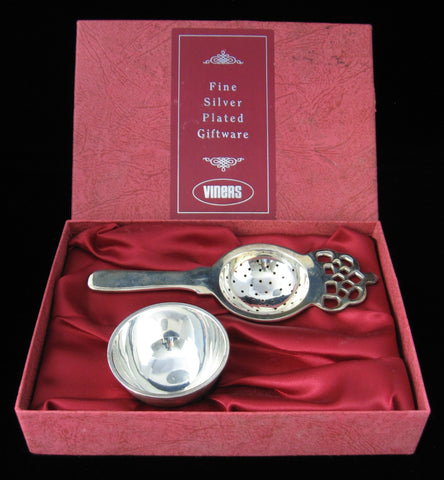 Silver Tea Strainer And Under Bowl Mint In Box Vintage Viners England 1970s