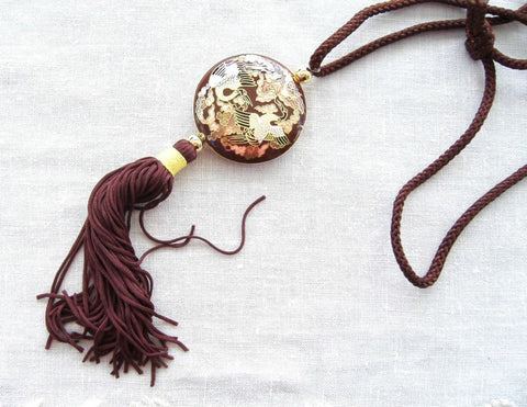 Brown Cloisonne Enamel Storks Necklace Silk Cord Vintage 1970s Double Sided