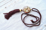 Brown Cloisonne Enamel Storks Necklace Silk Cord Vintage 1970s Double Sided