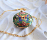 Butterfly Necklace 1970s Chinese Cloisonne Green Enamel Necklace Puffy Pendant