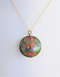 Butterfly Necklace 1970s Chinese Cloisonne Green Enamel Necklace Puffy Pendant