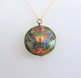 Butterfly Necklace 1970s Chinese Cloisonne Green Enamel Necklace Puffy Pendant