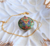 Butterfly Necklace 1970s Chinese Cloisonne Green Enamel Necklace Puffy Pendant