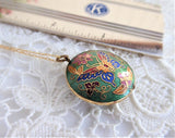 Butterfly Necklace 1970s Chinese Cloisonne Green Enamel Necklace Puffy Pendant