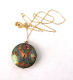Butterfly Necklace 1970s Chinese Cloisonne Green Enamel Necklace Puffy Pendant