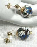 Cloisonne Enamel Dangling Ball Boho Earrings 1970s Posts Blue And White 1970s