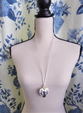 White Enamel Heart Pendant Necklace Art Nouveau Figure 1970s Long Silk Cord