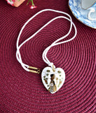 White Enamel Heart Pendant Necklace Art Nouveau Figure 1970s Long Silk Cord