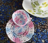 Crocheted Cup And Saucer Pink Blue White Variegated Thread Miniature 1970s