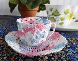Crocheted Cup And Saucer Pink Blue White Variegated Thread Miniature 1970s