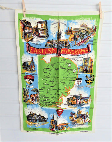 English Dish Towel Eastern Panorama Tea Towel 1950s Linen Sussex Suffolk Norfolk