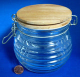 Tea Caddy Canister Jar Ribbed Glass Wood Lid Metal Bale 1980s 4.5 Inch