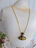 Green Cloisonne Vase Urn Pendant Necklace Hollow Vase Floral Gold Chain 1970s