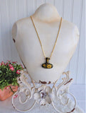 Green Cloisonne Vase Urn Pendant Necklace Hollow Vase Floral Gold Chain 1970s