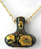 Green Cloisonne Vase Urn Pendant Necklace Hollow Vase Floral Gold Chain 1970s