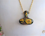 Green Cloisonne Vase Urn Pendant Necklace Hollow Vase Floral Gold Chain 1970s