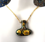 Green Cloisonne Vase Urn Pendant Necklace Hollow Vase Floral Gold Chain 1970s