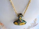 Green Cloisonne Vase Urn Pendant Necklace Hollow Vase Floral Gold Chain 1970s