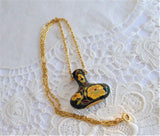 Green Cloisonne Vase Urn Pendant Necklace Hollow Vase Floral Gold Chain 1970s