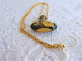 Green Cloisonne Vase Urn Pendant Necklace Hollow Vase Floral Gold Chain 1970s