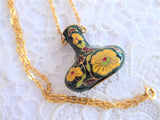 Green Cloisonne Vase Urn Pendant Necklace Hollow Vase Floral Gold Chain 1970s