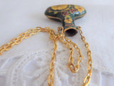 Green Cloisonne Vase Urn Pendant Necklace Hollow Vase Floral Gold Chain 1970s