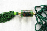 Green Chinese Cloisonne Enamel Necklace Cylinder Barrel Silk Cord Vintage 1970s