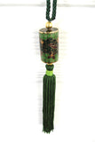 Green Chinese Cloisonne Enamel Necklace Cylinder Barrel Silk Cord Vintage 1970s