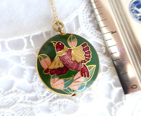 Green Cloisonne Enamel Necklace Bird Pendant Double Sided With Gold Filled Chain