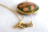 Green Cloisonne Enamel Necklace Bird Pendant Double Sided With Gold Filled Chain