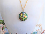 Green Cloisonne Enamel Necklace Iris Butterfly Pendant Double Sided Gold Chain